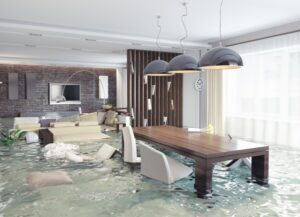 Home flooded in living room, floating couches, chairs, pillows, and table