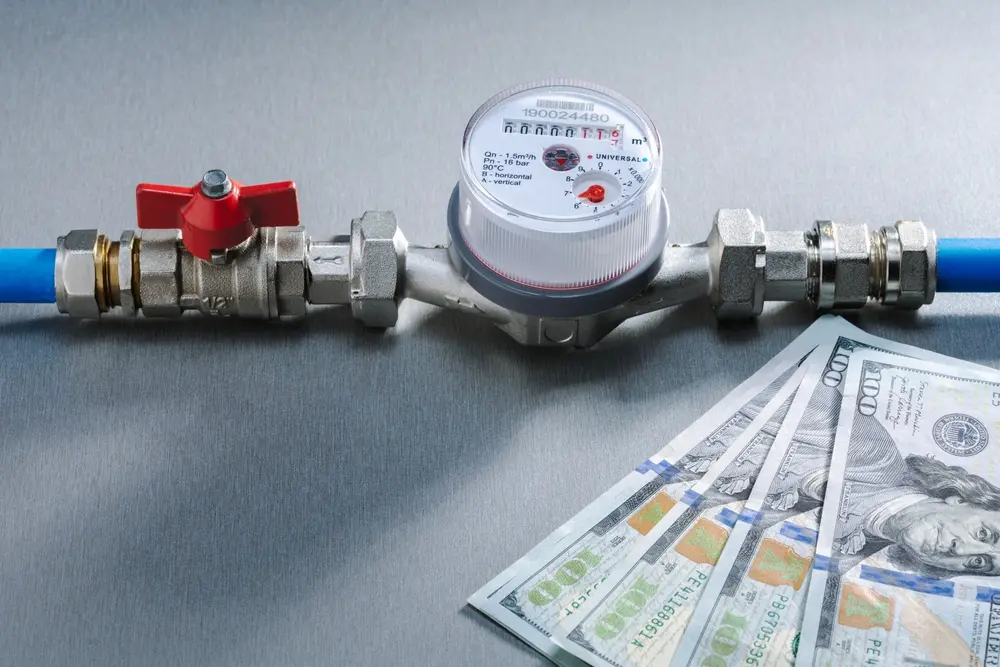 Water meter and dollars money banknotes . Concept of water consumption, cost of utilities and payment.