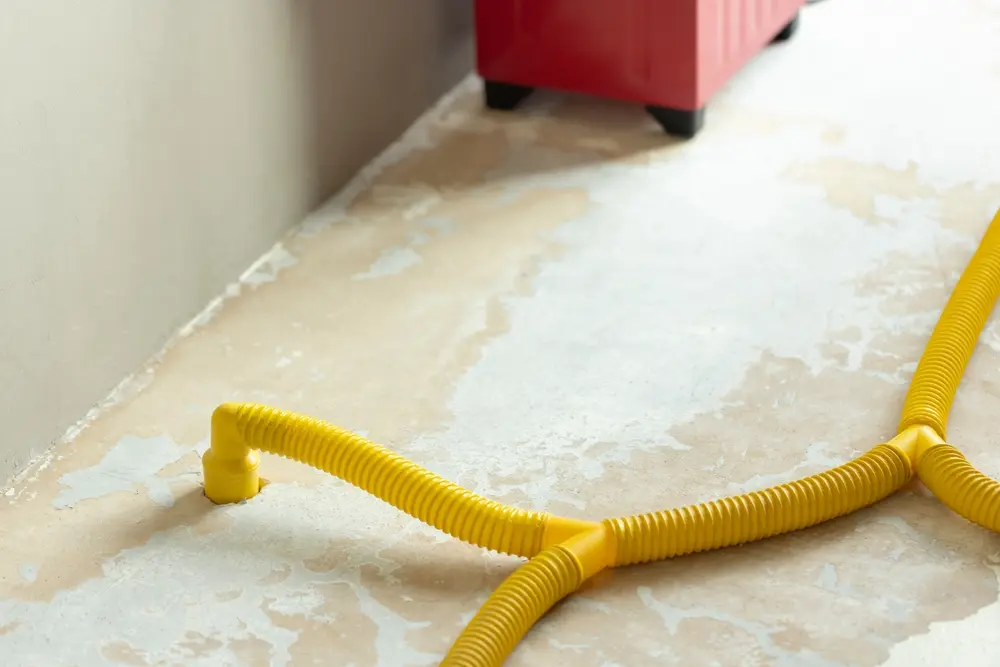 Water damage restoration service pipes in a leaking home environment connected to industrial air movers and dehumidifiers, remove the water and moist from the wet floor. Household insurance