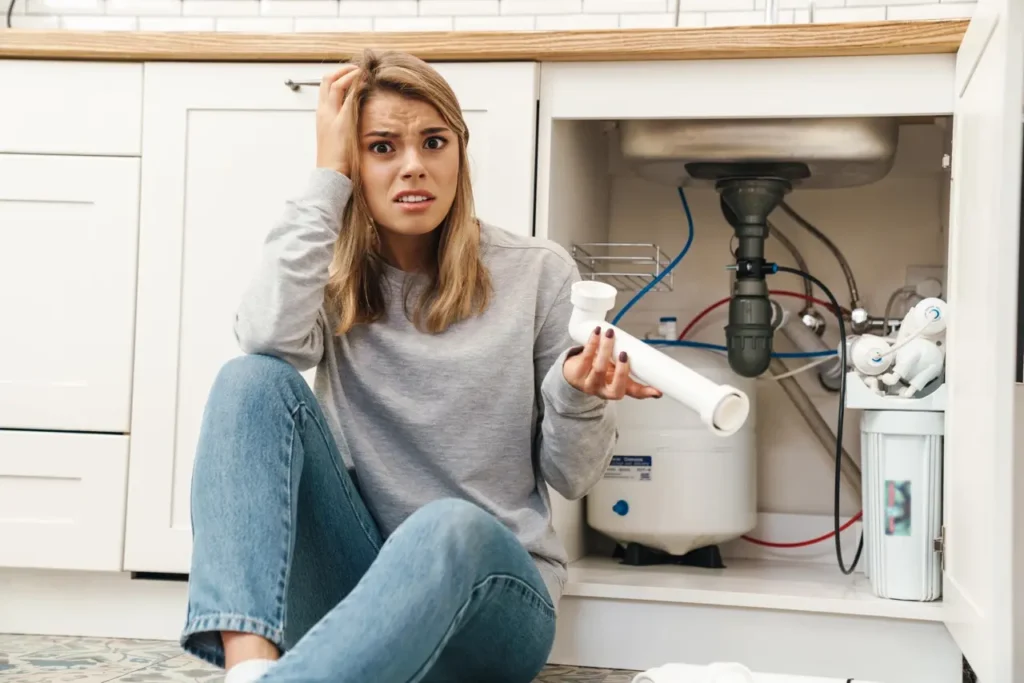 plumbing failure. woman sitting on floor next to kitchen sink