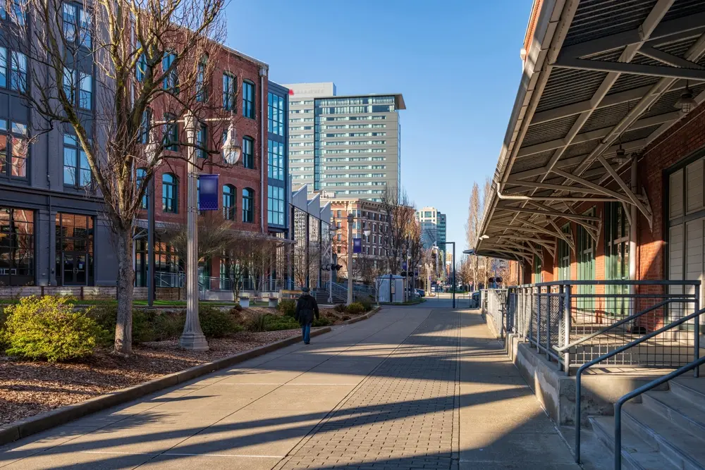 Downtown Tacoma Washington buildings and street view.