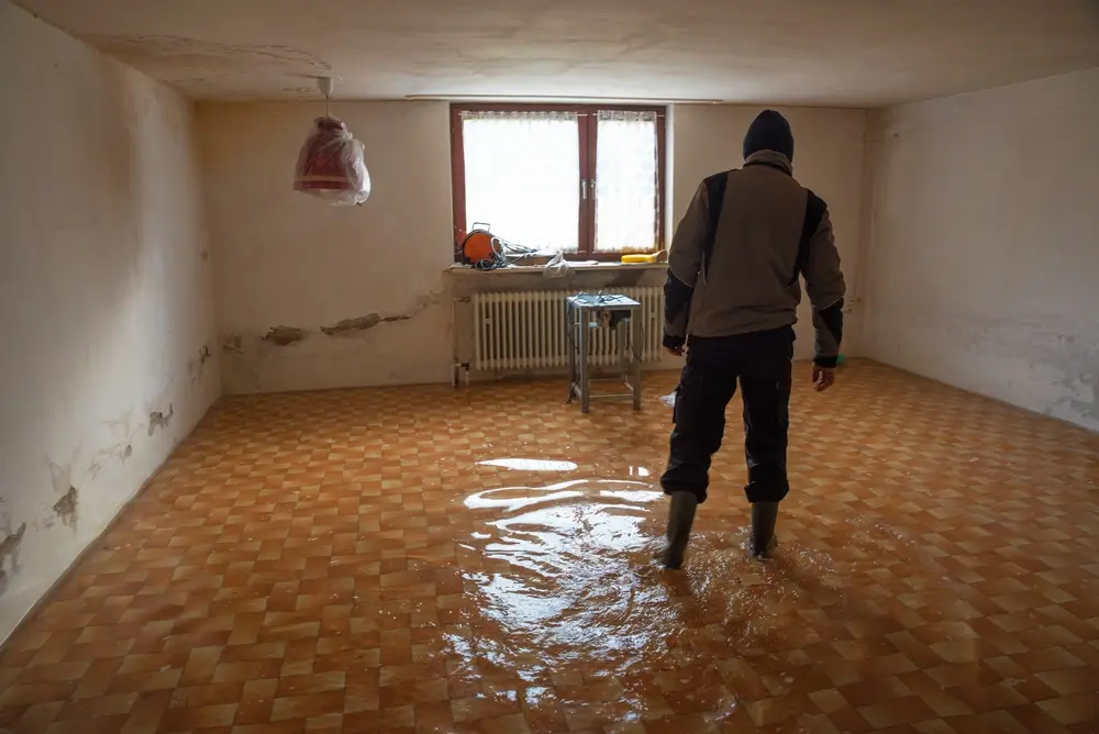 Man walks with rubber boots in a flooded tiled basement during flood. emergency water removal services