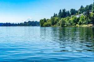 A view of Mount Rainier across Lake Washington near Seattle.