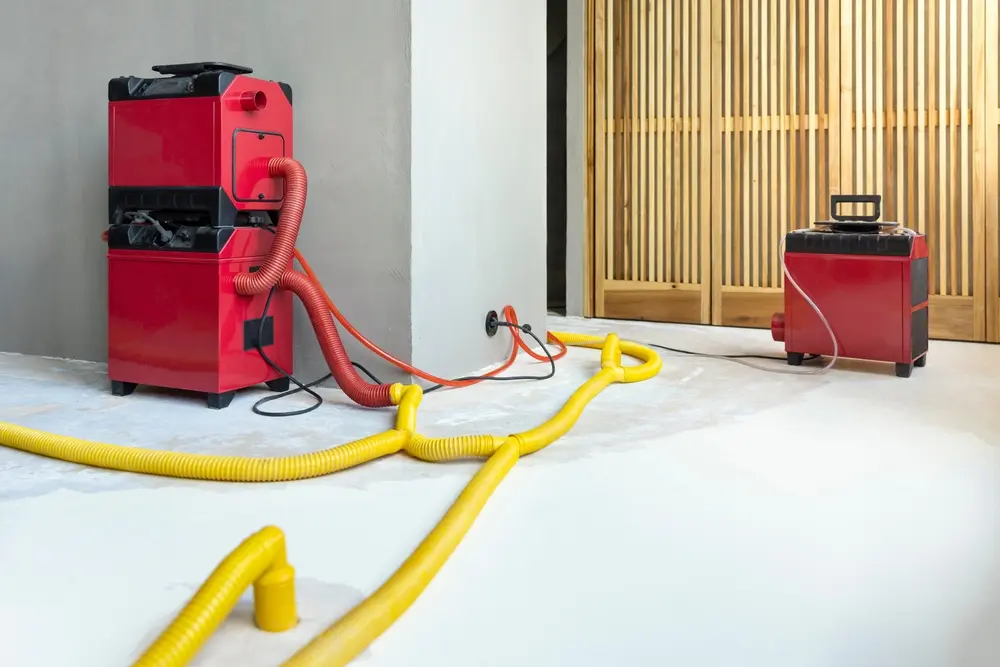 Water damage restoration service in Tacoma for a leaking home environment with industrial air movers, dehumidifiers and pipes to remove water and moist from the wet floor. Repair the house. Household insurance