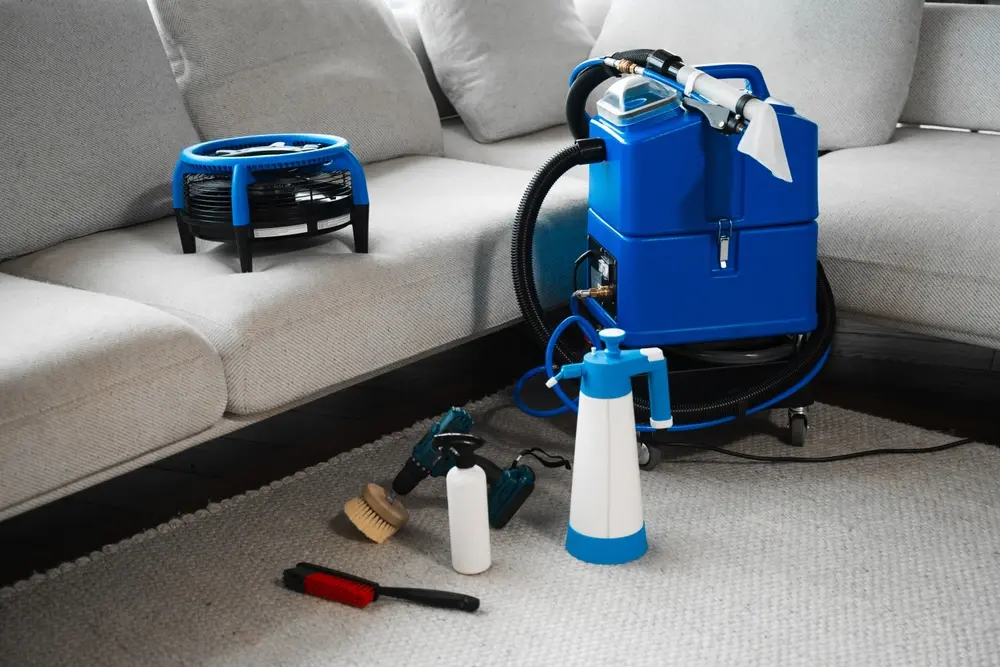 Cleaning equipment to maintain tidiness in the house. Dry washing service. Using extractor, brushes and detergents to keep the furniture clean at home
