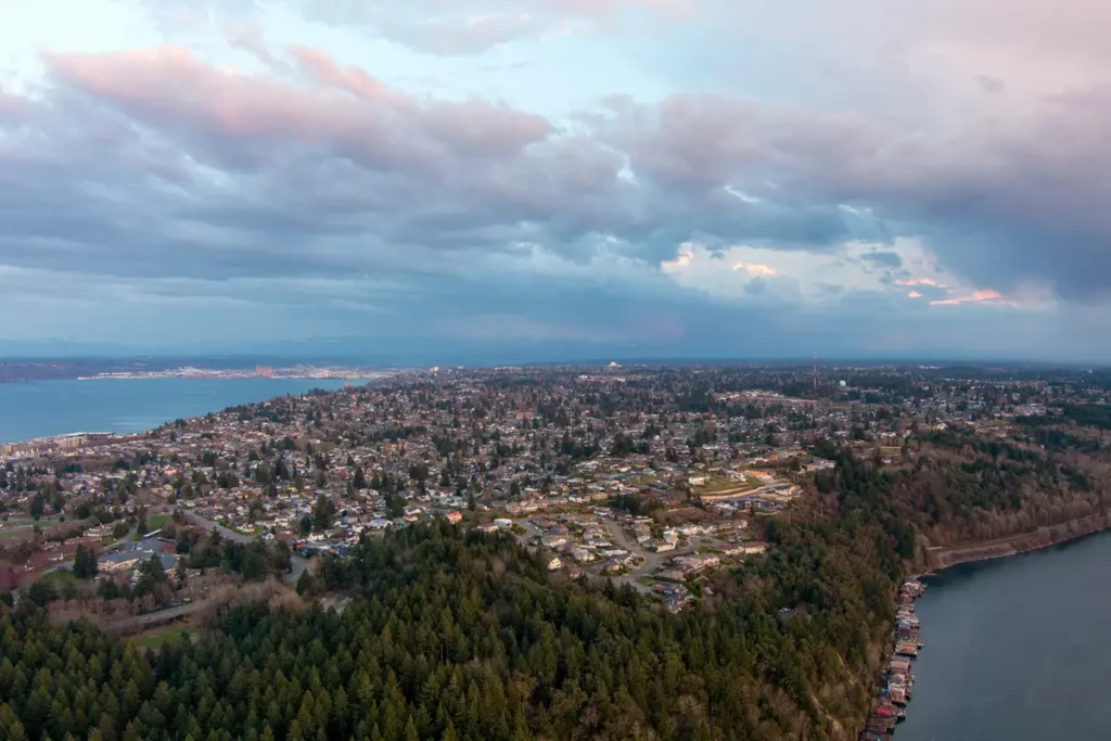 The Tacoma Narrows at sunset from above Fort Nisqually and the Puget Sound